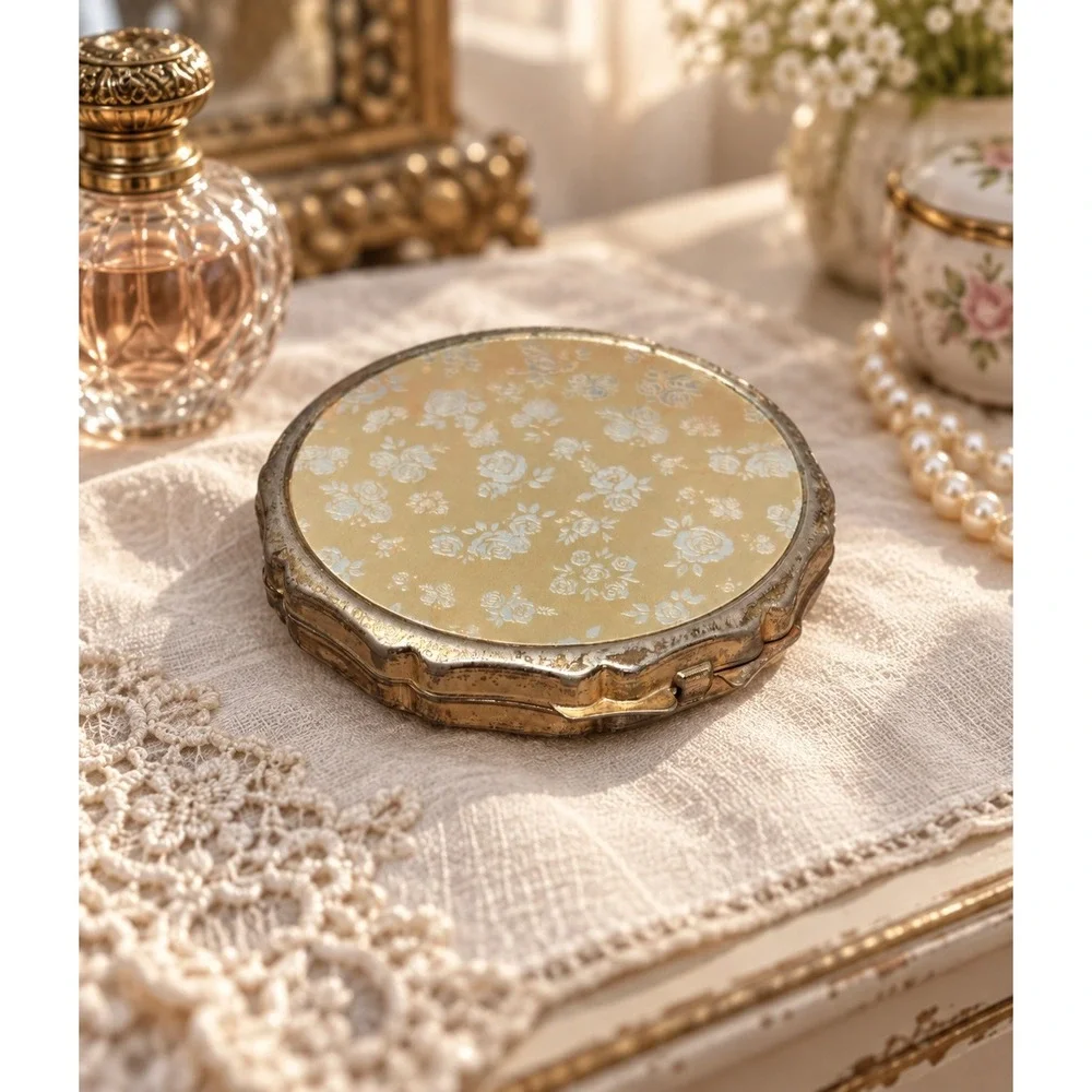 Vintage Makeup Compact Gold Tone Floral Scalloped Edge Made in Japan 3in